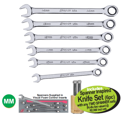 Get the Snap-on XXAUG200 ZERO DEGREE Ratcheting Combination 8,10-14mm spanner set, including a Spanner Inspired Knife Set (6pc). Perfect for professional use.
