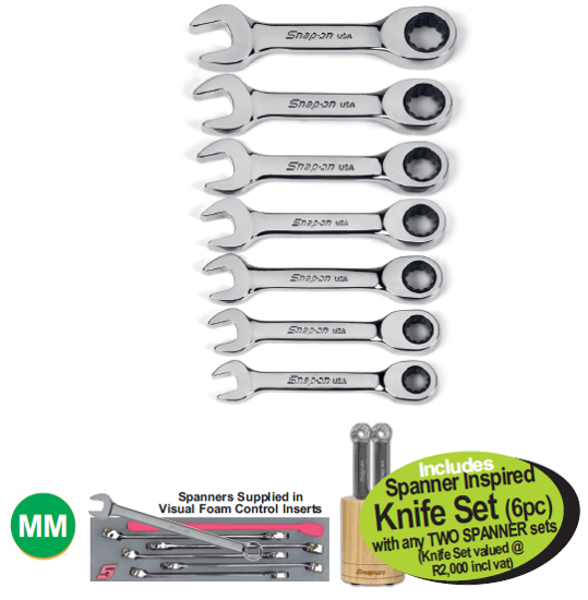 Get the Snap-on XXAUG204 STUBBY Ratcheting Combination Spanner Set 8, 10-14mm, including a Spanner Inspired Knife Set (6pc) with any TWO SPANNER sets. Perfect for professional use.