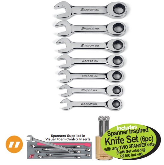 Get the Snap-on STUBBY XXAUG205 Ratcheting IMPERIAL EQUIVALENT SET Combination Spanner Set 1/4 - 9/16 with Knife Set with any TWO SPANNER sets, including a Spanner Inspired Knife Set (6pc). Perfect for professional use.