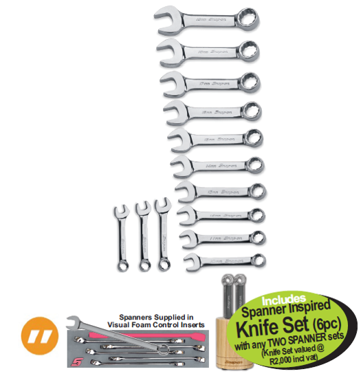 Get the Snap-on XAUG207 MIDGET IMPERIAL EQUIVALENT Combination Spanner Set 3/16 - 3/4, supplied in visual foam control inserts, and receive a free 6pc Spanner Inspired Knife Set with any TWO SPANNER sets.