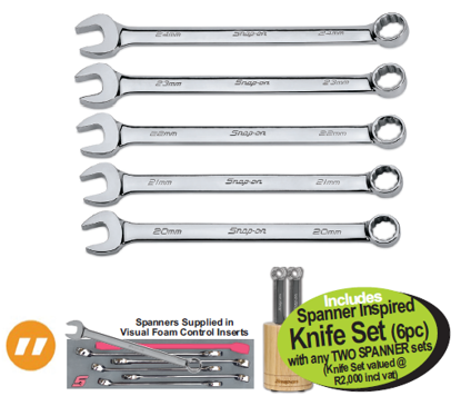 Get the Snap-on XXAUG239 STANDARD Length IMPERIAL EQUIVALENT Combination Spanner Set 13/16 - 1&1/16”, supplied in visual foam control inserts, and receive a free 6pc Spanner Inspired Knife Set with any TWO SPANNER sets.