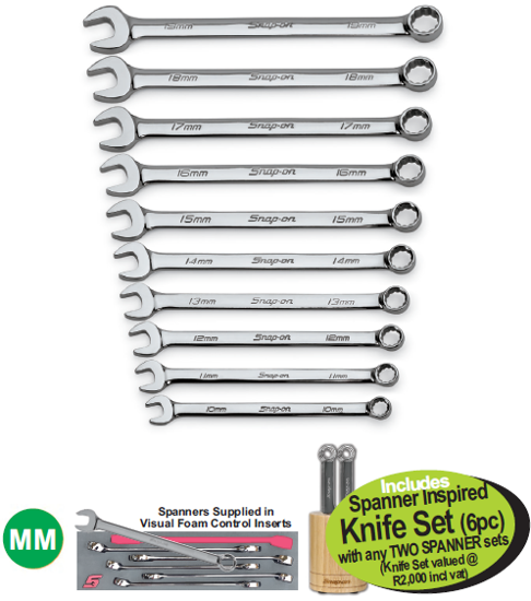 Get the Snap-on XXAUG210 STANDARD Length Combination 10-19mm Spanner Set, supplied in visual foam control inserts, and receive a free 6pc Spanner Inspired Knife Set with any TWO SPANNER sets.