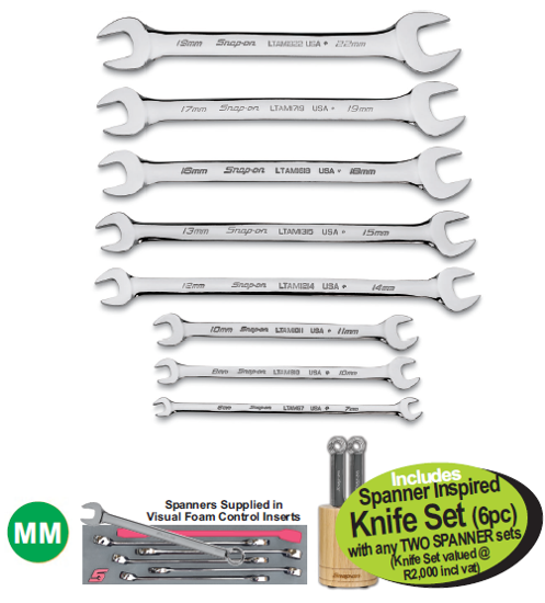 Get the Snap-on XXAUG219 LOW TORQUE Slim Line Open End Spanner Set 6-22mm with spanners supplied in visual foam control inserts.
