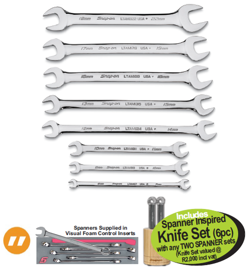 Get the Snap-on XXAUG220 LOW TORQUE Slim Line Open End IMPERIAL EQUIVALENT SET Spanner Set 3/8 - 1” with spanners supplied in visual foam control inserts.