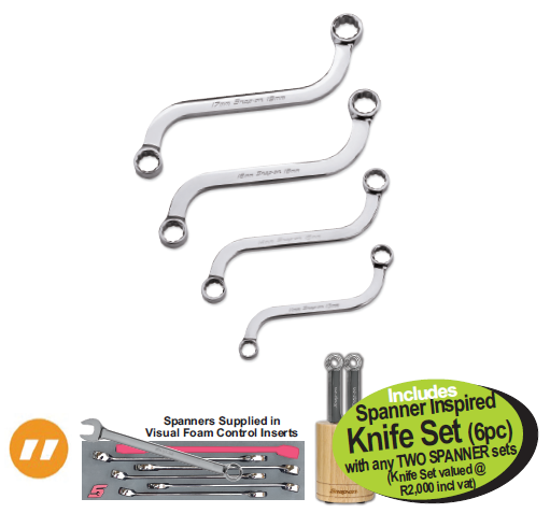 Get the Snap-on “S” SHAPED Double Ring IMPERIAL EQUIVALENT Spanner Set 4pc (5/16 - 3/4) for precision and access in tight spaces.