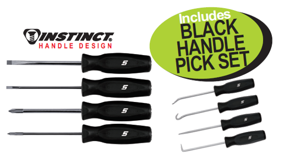 Get the Snap-on XXAUG235 Black INSTINCT Handle Mini Screwdriver Set, featuring 4 drivers and a bonus Black Handle Pick Set. Designed for comfort, control, and durability.