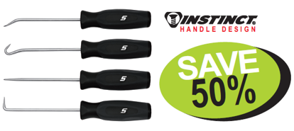 Get the Snap-on Black INSTINCT Handle MINI Pick & Awl Set for scribing, O-ring removal, piercing, and cleaning crevices. Features soft grip INSTINCT handles for comfort and control.
