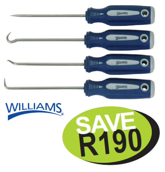 Get the Williams Snap-on Blue Mini Pick Set - 4pc (XXAUG237) on promotion! Perfect for scribing, alignment, O-ring removal, and cleaning crevices. Features soft grip handles and holes for storage.