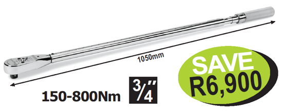 Get the Snap-on QD4RN800A 3/4" Manual Click-Type Fixed Ratchet Torque Wrench (150-800Nm) with positive stop and a certificate of calibration.