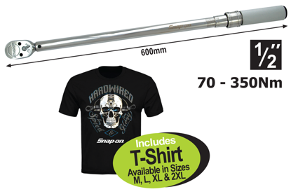Get the Snap-on 1/2" Manual Click Type Torque Wrench (70-350Nm) with an innovative design for accurate readings and trouble-free performance. Includes a free T-Shirt and calibration certificate. Promo Code XXSEP213.