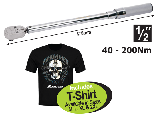 Get the Snap-on 1/2" Manual Click Type Torque Wrench (XXSEP214) with a range of 40-200Nm, featuring positive stop and a certificate of calibration. Includes a free Snap-on T-shirt.
