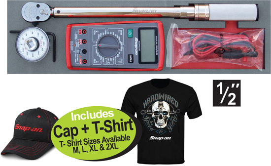 Get the Snap-on 1/2" Torque Wrench, Angle Gauge & Multimeter set (XXSEP218) on promotion, including a free cap and T-shirt. Perfect for precision automotive and industrial tasks.