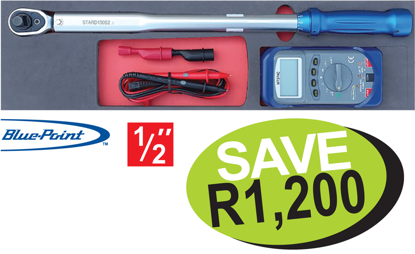 Get the Snap-on Blue 1/2" Torque Wrench & Multimeter Set (XXSEP219) on promotion. Includes a 1/2" Manual Torque Wrench (40-210Nm) and an Auto Ranging Multimeter.