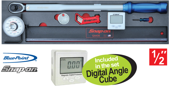 Get the Snap-on Blue 1/2" Torque Wrench & Measuring Set 6pc (XXSEP220) including a Digital Angle Cube. This comprehensive set features a manual torque wrench, gap gauge, digital angle cube, torque angle gauge, straight edge, and feeler gauge for precise measurements.