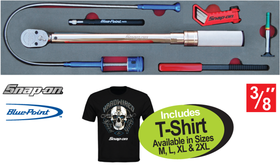 Get the Snap-on Blue 3/8" Torque Wrench & Utility Set 6pc (XXSEP221) including a T-shirt. Features a manual torque wrench, feeler gauge, flexible lighted pick-up tool, magnetic pick-up tool, tread depth gauge, and thread file.