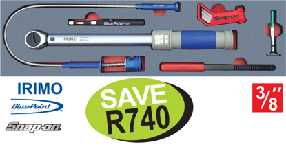 Get the Snap-on Blue 3/8" Torque Wrench & Utility Set 6pc (XXSEP222) including a manual torque wrench, flexible lighted spring claw pick-up tool, magnetic pick-up tool, tread depth gauge, thread file, and feeler gauge.