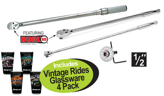 Get the Snap-on 1/2" Torque Wrench, Ratchet Breaker Bar & Angle Guage featuring Dual 80 Technology, supplied in a Foam Control Insert. Includes a free Vintage Rides Glassware 4 Pack. Promo Code: XXSEP217.