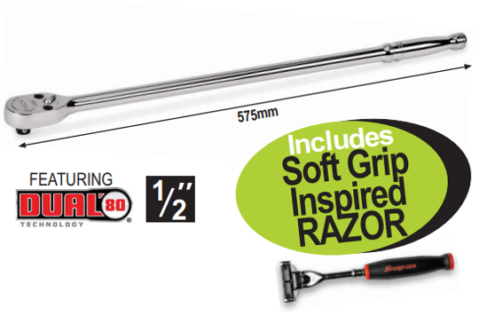 Get the Snap-on 1/2" Extra Long Ratchet (SLL80A) featuring Dual 80® Technology for superior strength and durability, plus a Soft Grip Inspired RAZOR. Enjoy increased leverage and tool longevity with this contoured handle design. Promo Code: XXSEP234.