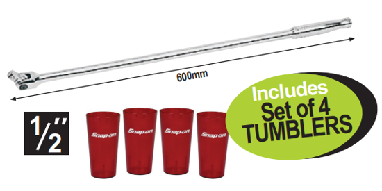 Get the Snap-on 1/2" Breaker Bar (XXSEP233) manufactured from high-grade carbon alloy steel with a replaceable knuckle, and receive a free set of 4 tumblers.