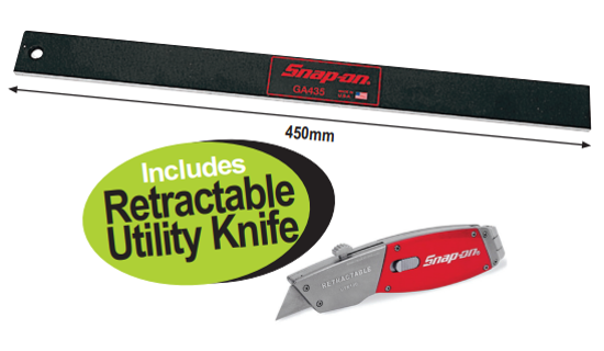 Get the Snap-on Straight Edge (GA435) with a free Retractable Utility Knife (UTK100) on promotion XXSEP227. Perfect for checking distortion in engine components with precision.