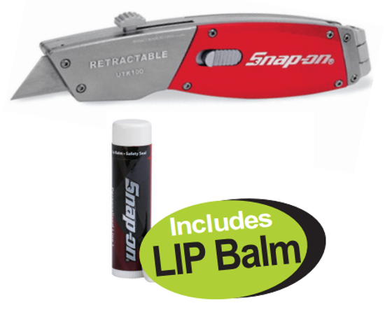 Get the Snap-on Retractable Utility Knife (UTK100) with a free Snap-on Lip Balm on promotion (XXSEP228). Features a quick-release blade, integrated hinge handle, and blade storage.