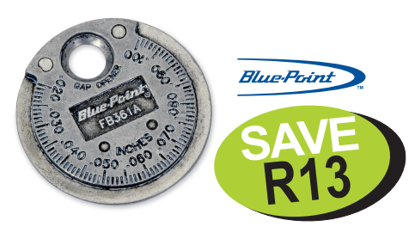 Get the Blue-Point Gapper Gauge FB361A on promotion (XXSEP230). This pocket-size gauge features an inclined ramp for setting gaps, 1-1/2" diameter, and a range of .020-.100", with both SAE and metric sizes.