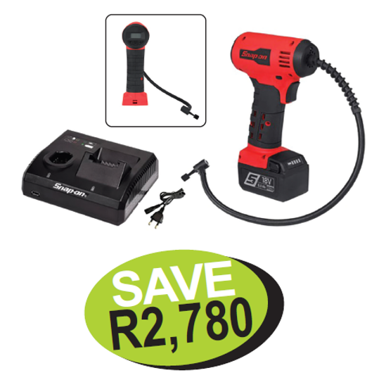 Get the Snap-on XXSEP285 18V Cordless, Brushless Inflator Kit (1 battery) for R9,950. Features a 27" hose, inflates six car tires to 35 PSI on one charge, and includes an adaptor, inflatable tip, and needle tip. Promo Code: XXSEP285.