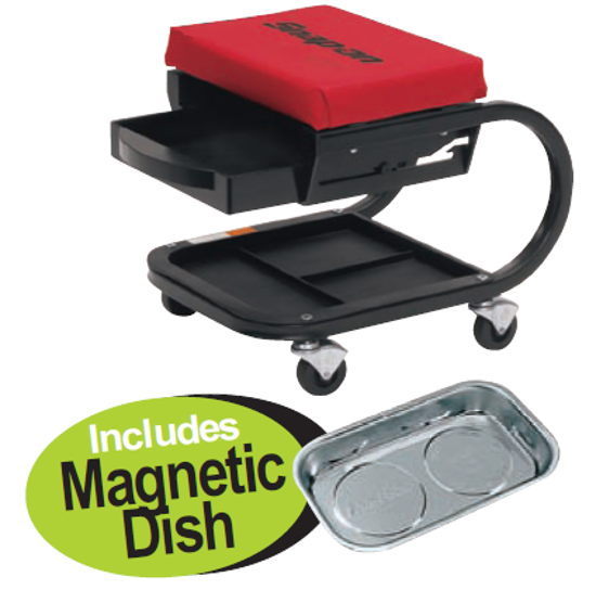 Get the Snap-on Padded Seat Creeper (XXSEP262) with an integrated storage drawer and a free Magnetic Dish. Features a durable steel frame, high-density foam pad, and heavy-duty vinyl cover for comfort and maneuverability.