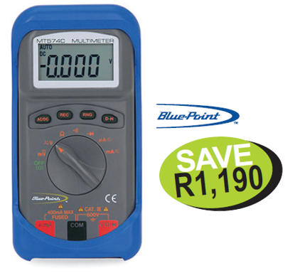 Get the Snap-on Blue MT574C Auto Ranging MultiMeter for precise automotive diagnostics. Features automatic/manual ranging, Ohm, Diode, DC/AC Voltage, and DC Current measurements, with a 4000 count LCD and protective rubber boot.