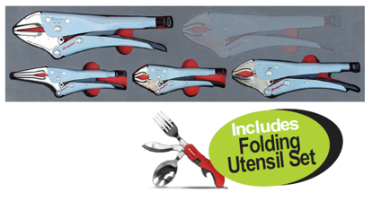 Get the Snap-on XXSEP235 Locking Plier Set 4pc in Foam, featuring spring-loaded release, locking nut, and larger jaw capacity. Includes a free Folding Utensil Set.