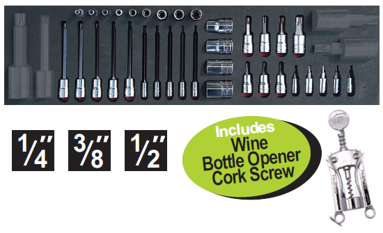 Get the Snap-on XXSEP237 35pc TORX Socket Set in Foam, including a Wine Bottle Opener Cork Screw. Features 1/4", 3/8", and 1/2" internal and external sockets.