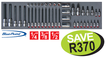 Get the Snap-on Blue 43pc TORX Socket Set in Foam (XXSEP238) on promotion. Includes 1/4", 3/8", and 1/2" standard and long internal socket drivers and external sockets.