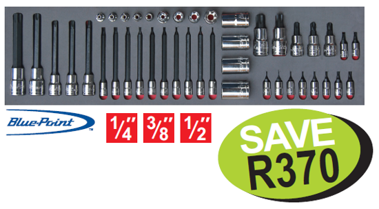 Get the Snap-on Blue 43pc TORX Socket Set in Foam (XXSEP238) on promotion. Includes 1/4", 3/8", and 1/2" standard and long internal socket drivers and external sockets.