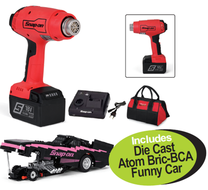 Get the Snap-on XXOCT280 18V Heat Gun Kit, a portable and powerful tool with patented heating element switch logic and two-stage temperature control. Includes a Die Cast Atom Bric-BCA Funny Car.