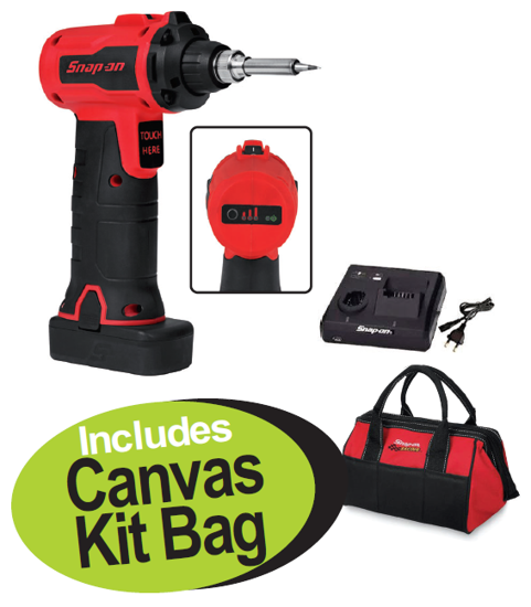 Get the Snap-on 14.4V Cordless Soldering Iron Kit (XXOCT284) with patented features, quick warm-up, LED lights, and a Canvas Kit Bag. Perfect for various applications.