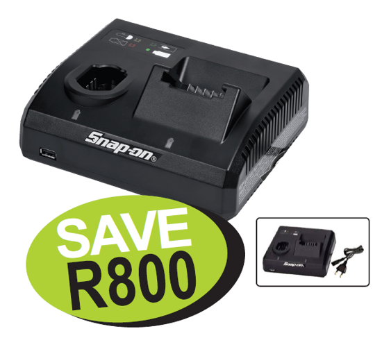 Get the Snap-on 14.4V & 18V Dual Bay 220V Charger (CTCEU131A) on promotion! Charges MicroLithium and Lithium batteries, features a USB port, LED indicator, low profile, and is wall mountable. Promo Code: XXOCT282.