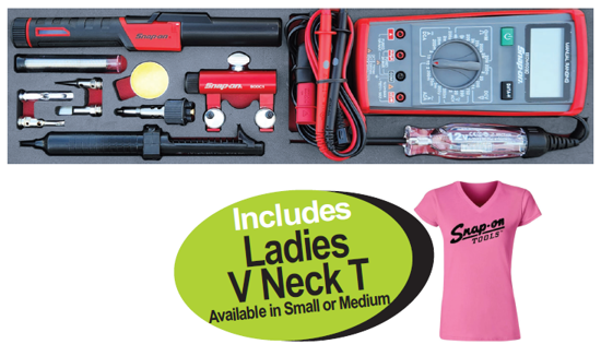 Get the Snap-on Multi-meter & Soldering Set in Foam Control Insert (XXOCT268) including a Ladies V Neck T. Features Butane Soldering Kit, Soldering Clamp, Solder Sucker, Multimeter Manual Ranging, and 12V DC Digital Circuit Tester.