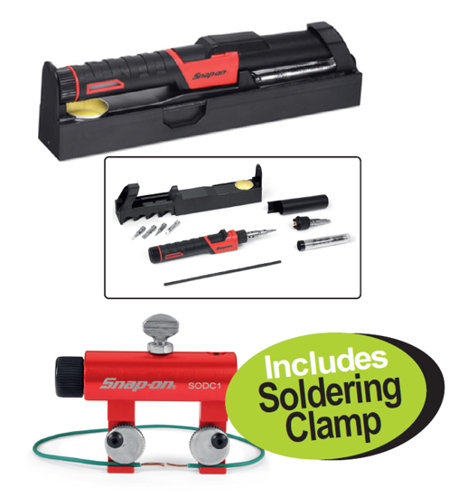 Get the Snap-on Butane Soldering Iron Kit (YAKS42) with a free Soldering Clamp (SODC1) under promo code XXOCT262. Features include quick temperature adjustment, magnetic stand, and precise wire holding.