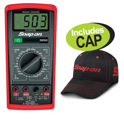 Get the Snap-on XXOCT211 Manual Ranging Meter (EEDM503D + CSN07-8022) on promotion, including a free Snap-on cap. Features a large LCD, ohm, continuity, diode, DC current, and AC voltage measurement.