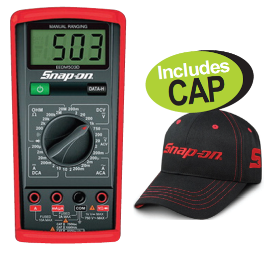 Get the Snap-on XXOCT211 Manual Ranging Meter (EEDM503D + CSN07-8022) on promotion, including a free Snap-on cap. Features a large LCD, ohm, continuity, diode, DC current, and AC voltage measurement.
