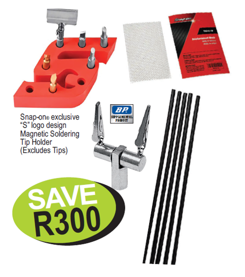 Get the Snap-on Blue Soldering Accessory Kit (XXOCT263) including a magnetic bit holder, reinforcement mesh, universal repair rods, and a flexible magnetic soldering clamp. Save R300!