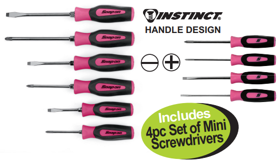 Get the Snap-on XXOCT205 Pink 6pc Screwdriver Set with Instinct handle design, supplied in a foam control insert, and includes a 4pc set of mini screwdrivers.