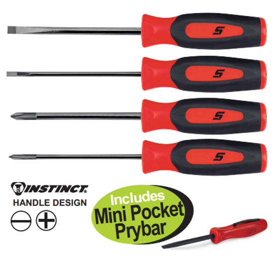 Get the Snap-on Mini Screwdriver Set with 4pc RED Handles (XXOCT207), including flat tip and Phillips drivers, plus a free Mini Pocket Prybar. Features comfortable soft grip handles and durable nickel-chrome plating.