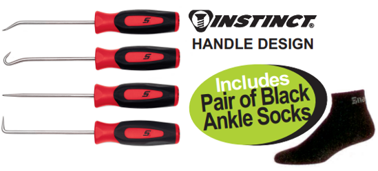 Get the Snap-on Miniature Pick Set (XXOCT203) for scribing, alignment, O-ring removal, and more. Features soft grip handles and comes with a storage tray. Includes a free pair of black ankle socks.