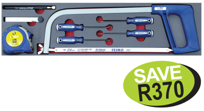 Get the Snap-on Blue XXOCT204 Cutting and Utility Set, an 8pc tool kit including an IRIMO Hacksaw, 5M Tape Measure, BLUE-POINT Magnetic Pick-up Tool, BAHCO Feeler Gauge, and WILLIAMS 4pc Miniature Hook & Awl.