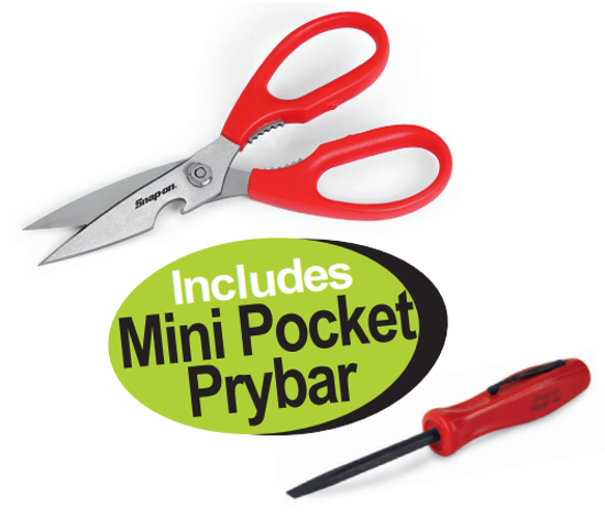 Get the Snap-on Utility Shears with a red handle and a free Mini Pocket Prybar (XXOCT209). These 210mm shears cut various materials and feature a bottle opener, nutcracker, and stainless steel construction.