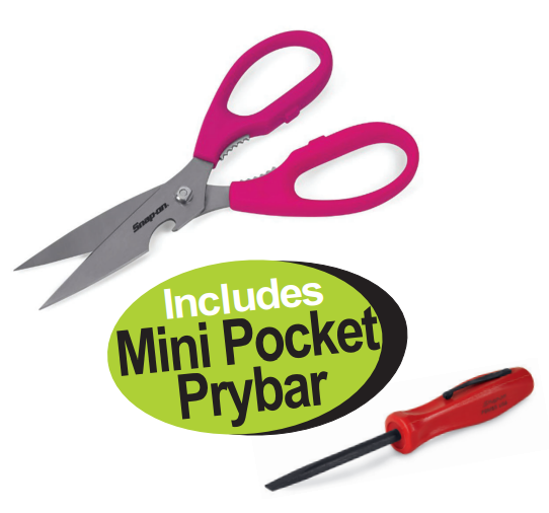 Get the Snap-on Utility Shears with a PINK handle and a free Mini Pocket Prybar (XXOCT210). These 210mm shears cut various materials and feature a bottle opener, nutcracker, and stainless steel construction.