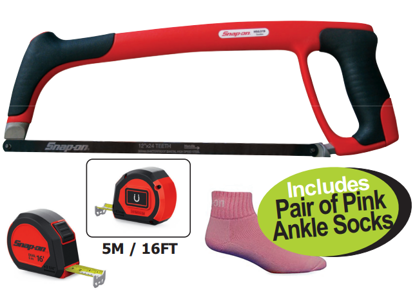 Get the Snap-on Hacksaw & Tape Measure with Foam Control Insert (XXOCT201) and a free pair of pink ankle socks. Features solid steel frame, comfortable grip, 12" blades, and magnetic tape measure.