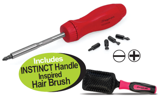 Get the Snap-on Ratcheting Screwdriver (SSDMR4BR + CRN2934-7) with a durable cellulose acetate handle and a set of flat tip and PHILLIPS® ACR® bits. Includes a free INSTINCT Handle Inspired Hair Brush. Promo Code: XXOCT213