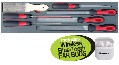 Get the Snap-on File Set 7pc in Foam Insert (XXOCT226) including a variety of files and a cleaner brush, plus a bonus pair of Wireless Bluetooth Earbuds. Perfect for precision work.